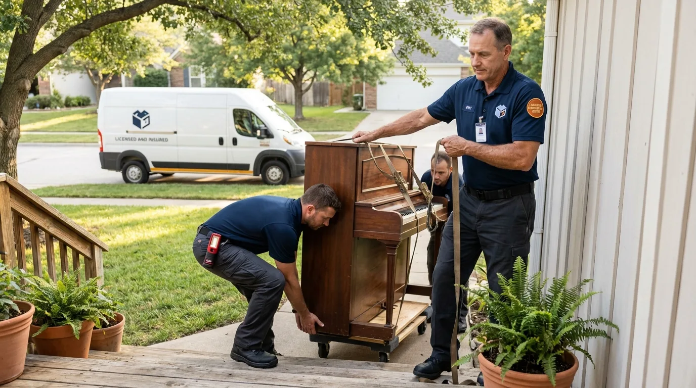 Licensed piano movers securing grand piano in Grass Lake, MI