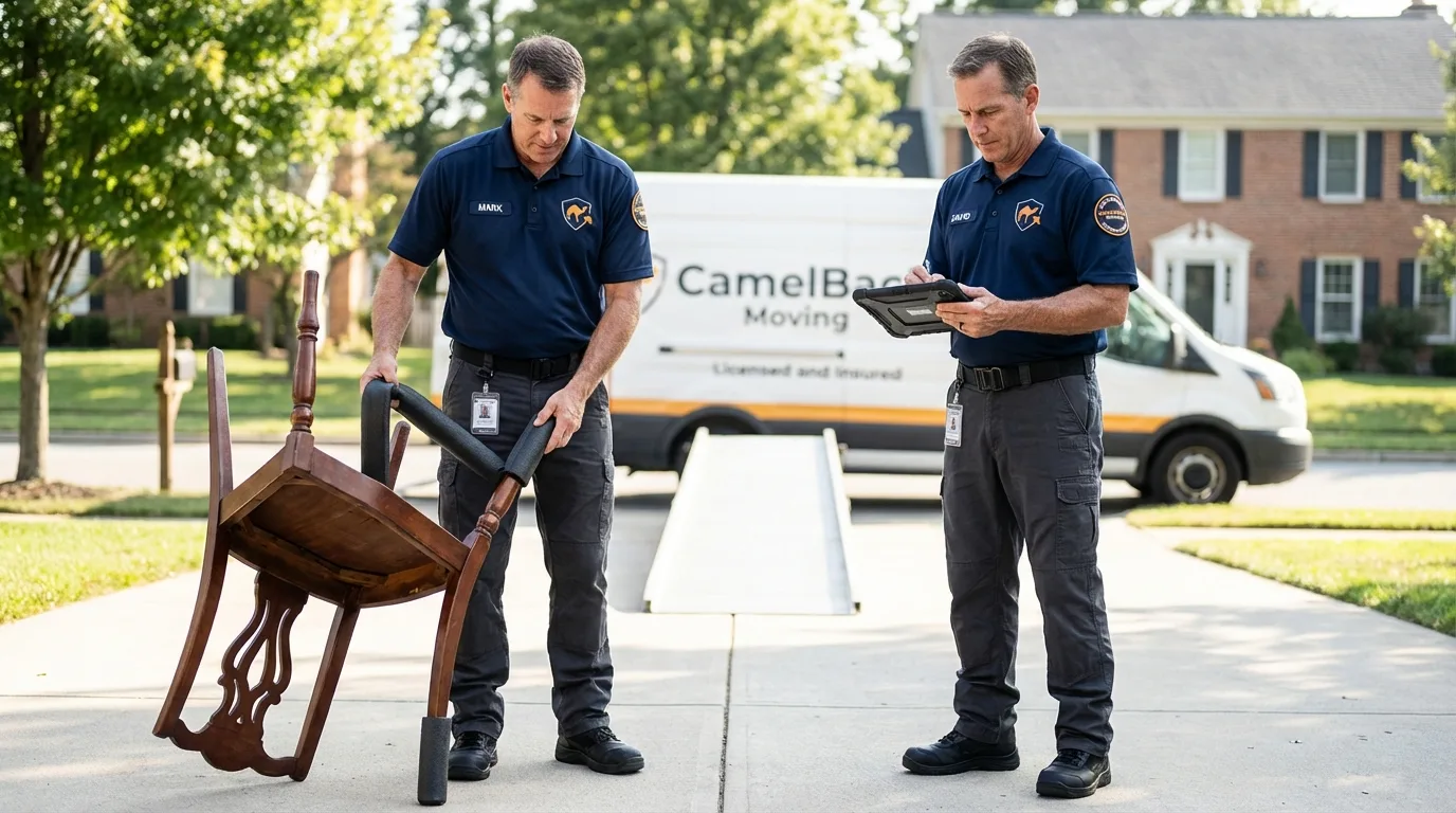 Movers inspecting furniture for damage prevention before loading in Grass Lake, MI