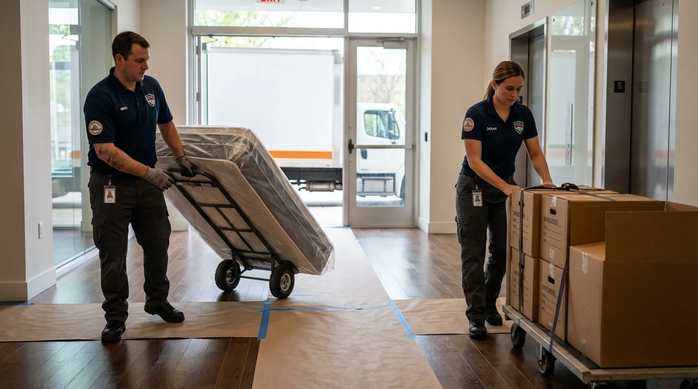Professional apartment movers loading elevator in Grass Lake, MI
