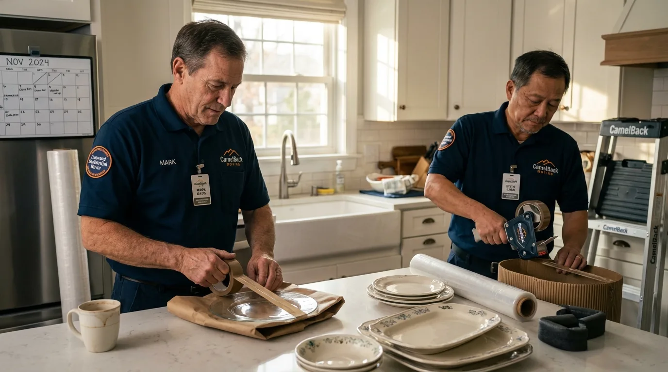 Professional crew packing kitchen dishware in Grass Lake, MI